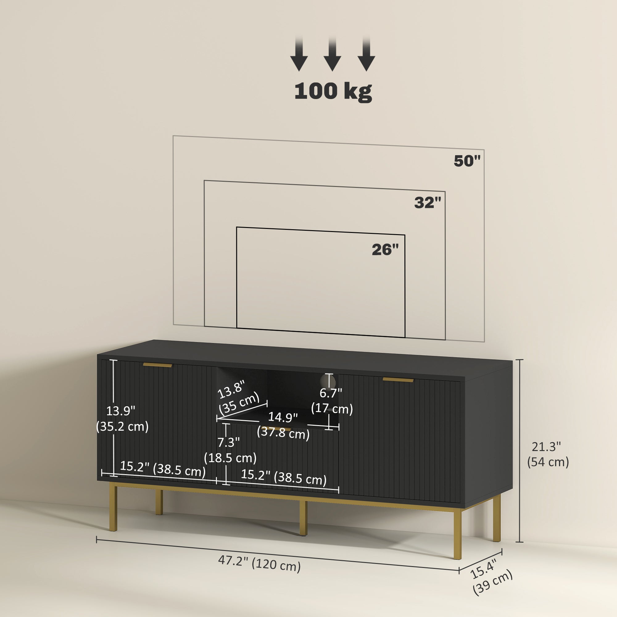 وحدة تلفزيون حديثة للتلفزيونات حتى 50 بوصة، مركز ترفيهي مع أضواء LED RGB ذكية وأبواب إغلاق ناعم، أبيض