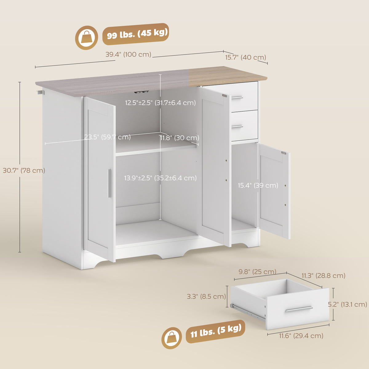 40" Sideboard Buffet Cabinet, Modern Kitchen Storage Cabinet with 2 Drawers, 3 Doors & Adjustable Shelf, White