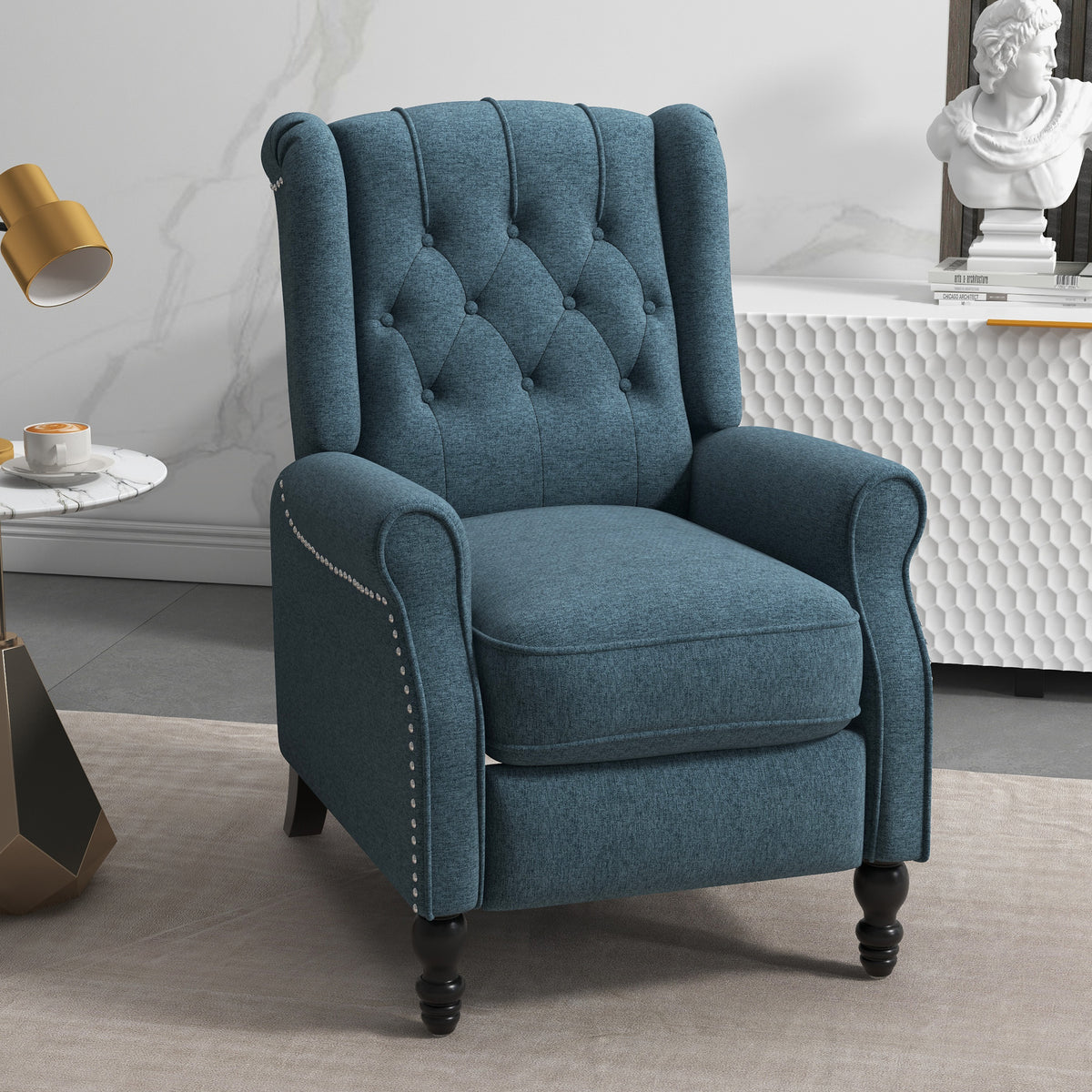 Wingback Reclining Chair with Footrest, Button Tufted Recliner Chair with Rolled Armrests for Living Room, Blue