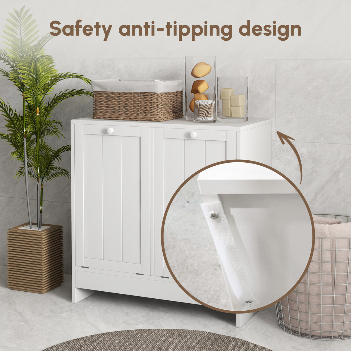 Tilt-Out Laundry Storage Cabinet, Modern Laundry Hamper with 2 Compartments for Bathroom Washroom, White