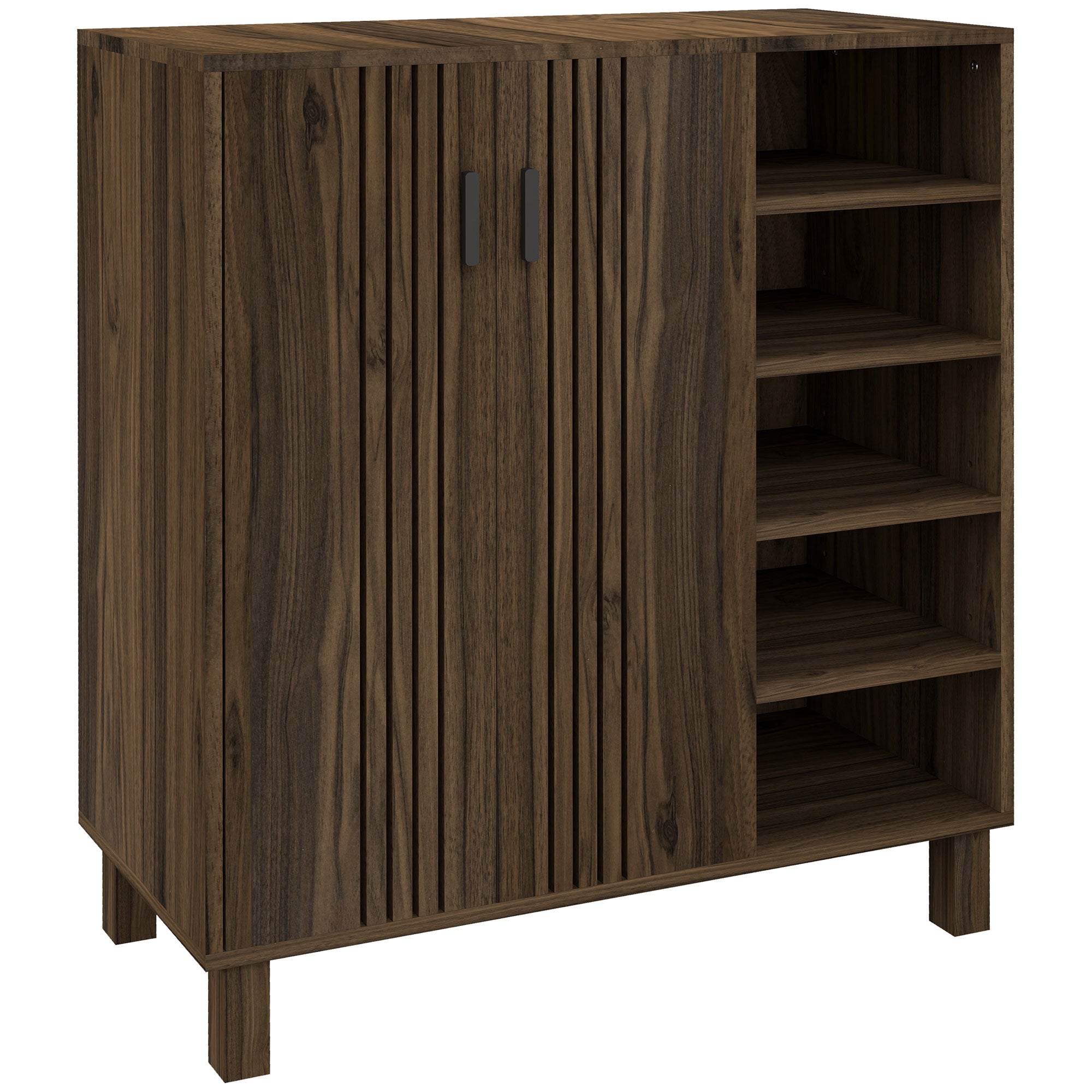Shoe Storage with Double Doors and Open Shelves 17 Pair Shoe Storage Organizer for Entryway Hallway Walnut