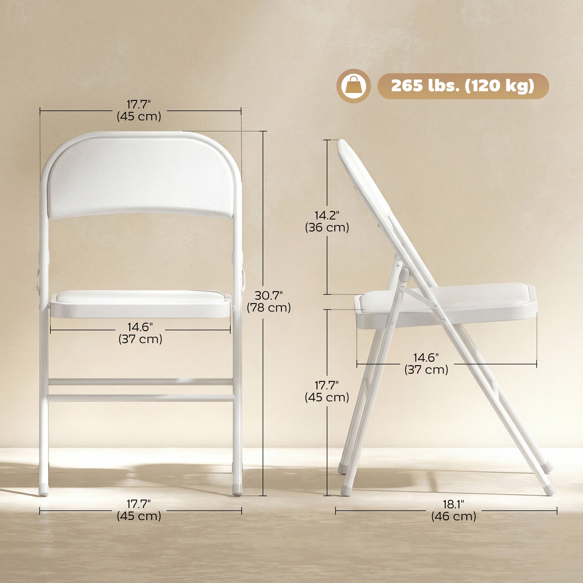 Set of 4 Metal Foldable Chairs, PU Leather Padded Folding Chairs with Cushion Seat and Open Back for Indoor, White