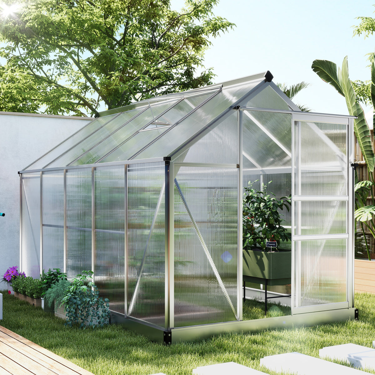 دفيئة بولي كربونات 6' × 10' × 6.6'، طقم دفيئة قائم بذاته للحديقة، لنمو النباتات، إطار من الألومنيوم المجلفن مع مزاريب للمطر، وفتحات تهوية وباب منزلق، فضي