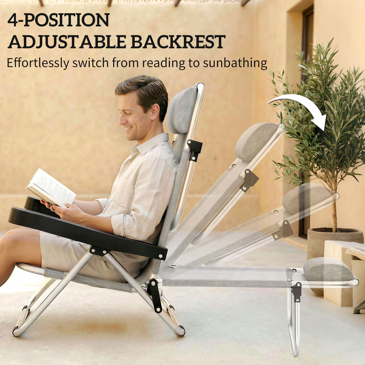 Folding Beach Chair Set of 2, Reclining Backpack Beach Camping Chairs with 4-Position Adjustable Backrest