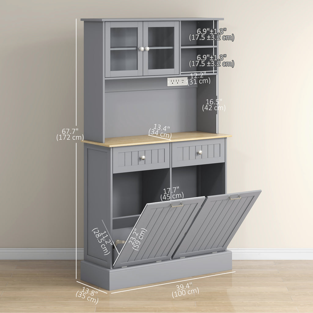 Kitchen Cabinet with Charging Station, 2 Tilt Out Cabinets, Microwave Stand, Freestanding Kitchen Pantry Cabinet, White