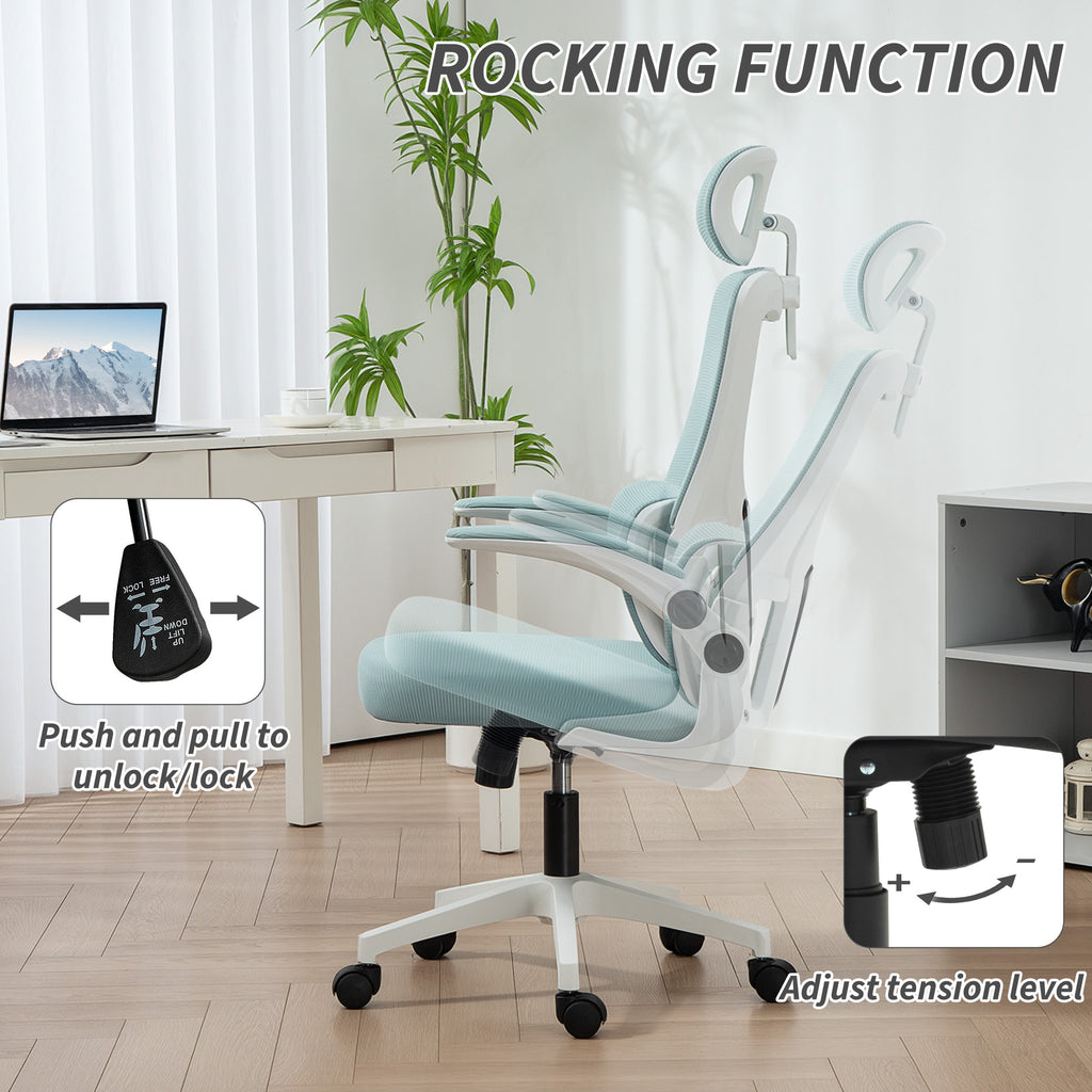 High Back Office Chair, Mesh Computer Chair with Rotatable Headrest, Lumbar Back Support, Adjustable Height, Light Blue