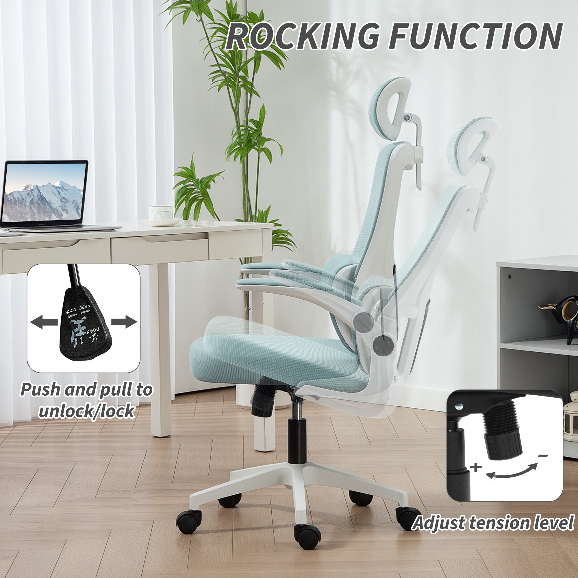 High Back Office Chair, Mesh Computer Chair with Rotatable Headrest, Lumbar Back Support, Adjustable Height, Light Blue