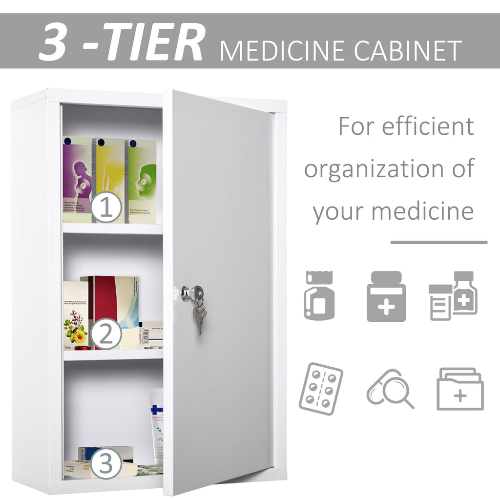 Wall Mount Medicine Cabinet 3 Tier Steel Emergency Box for Bathroom, Lockable with 2 Keys, White