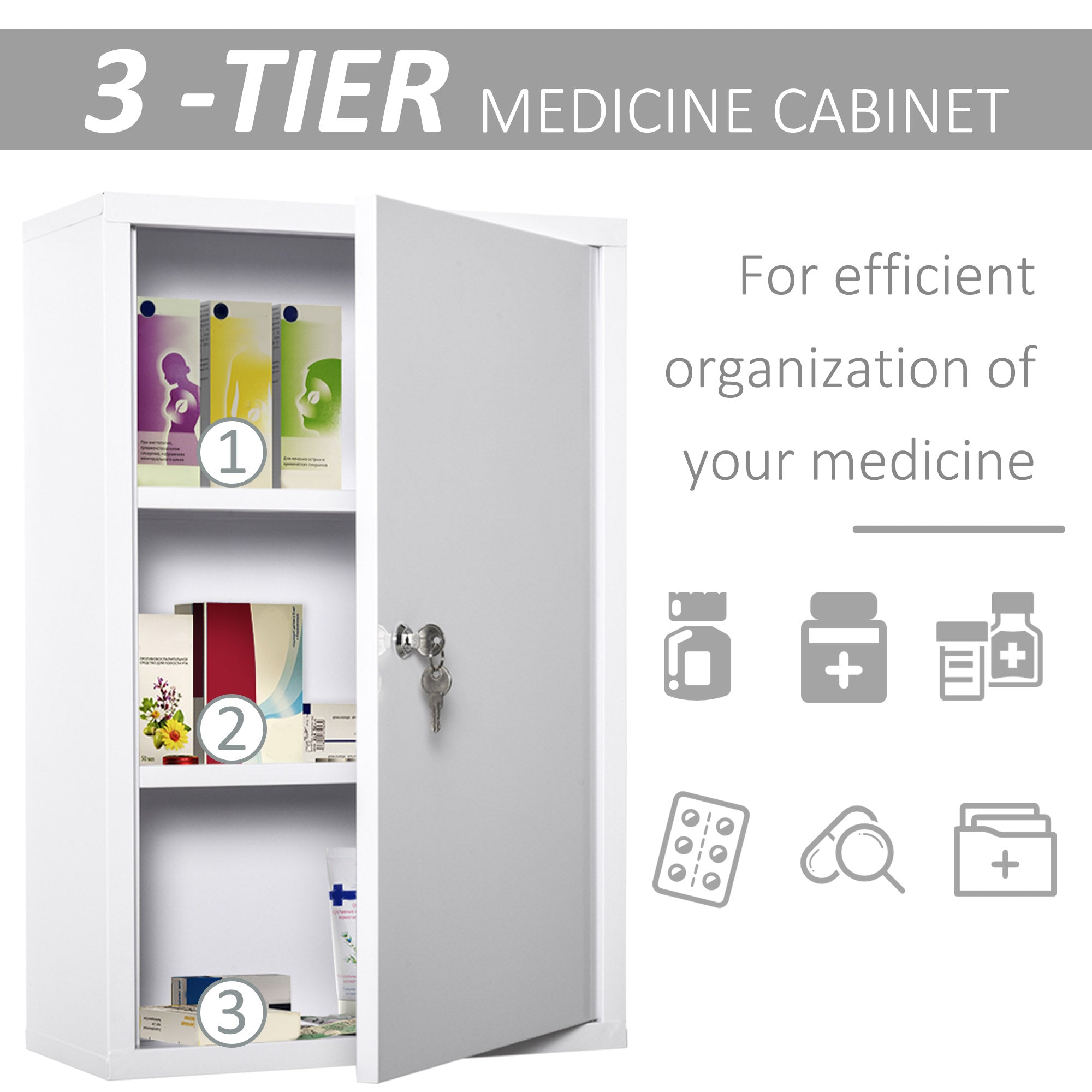 Wall Mount Medicine Cabinet 3 Tier Steel Emergency Box for Bathroom, Lockable with 2 Keys, White