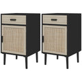 Boho Bedside Tables Set of 2, Nightstands with Drawer, Rattan Cabinet, Adjustable Shelf for Bedroom, Living Room, Black