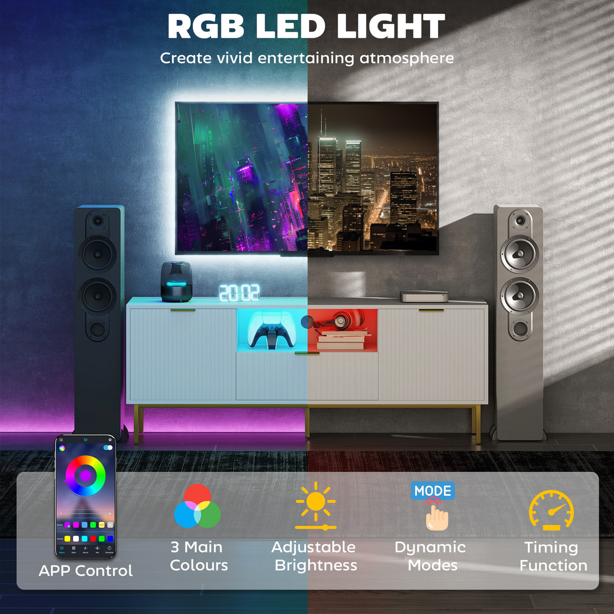 وحدة تلفزيون حديثة للتلفزيونات حتى 50 بوصة، مركز ترفيهي مع أضواء LED RGB ذكية وأبواب إغلاق ناعم، أبيض