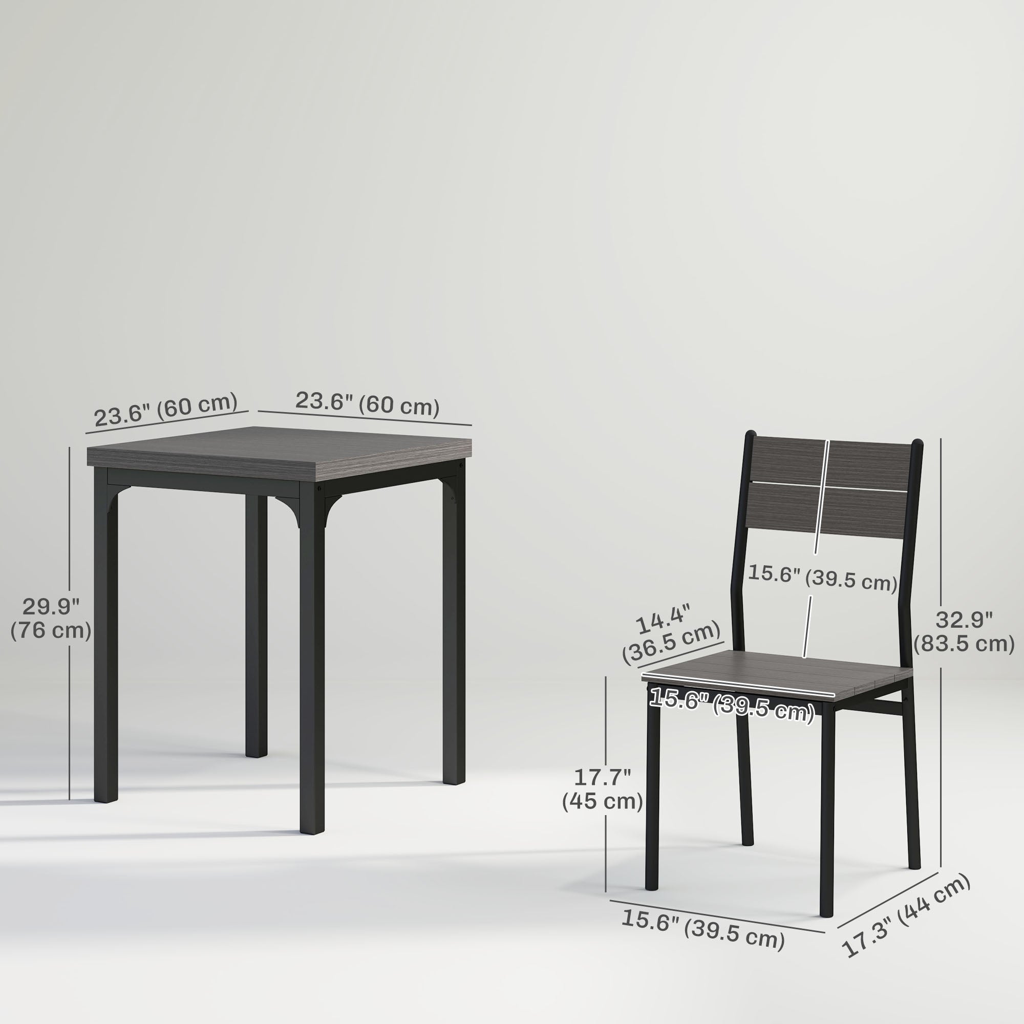 Dining Table Set for 2, 3 Piece Kitchen Table and Chairs with Metal Legs for Small Spaces, Grey Wood Effect