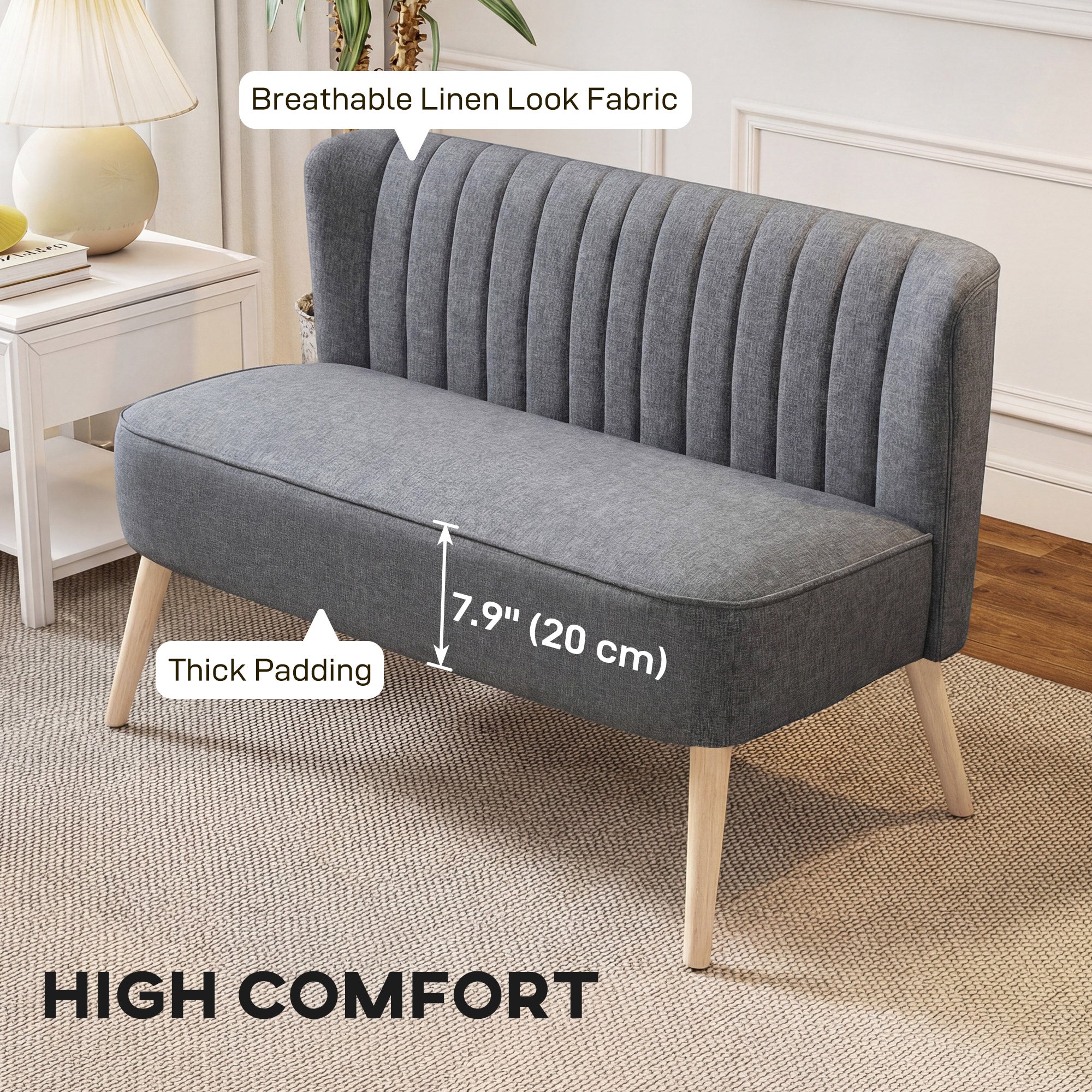Modern 2 Seater Sofa, Upholstered Two Seater Couch with Rubber Wood Legs, Green