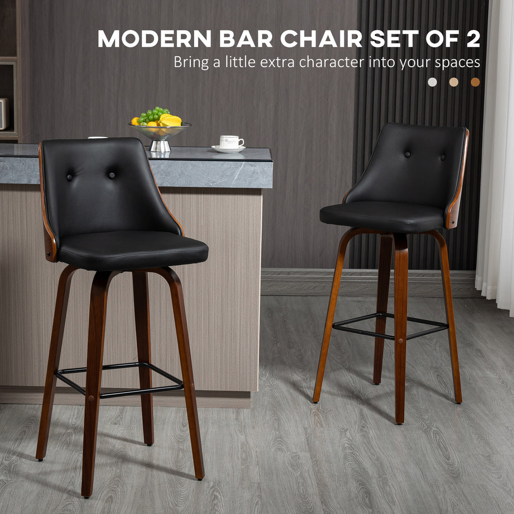 Bar Height Bar Stools Set of 2, PU Leather Upholstered Swivel Barstools with Solid Wood Legs Footrest and Tufted Back, Black