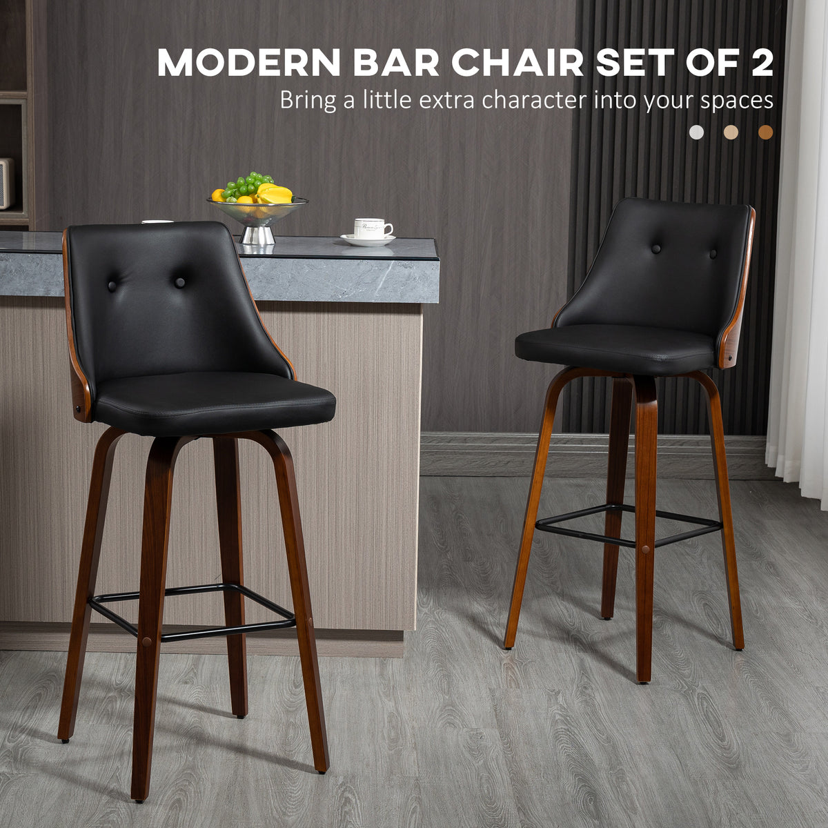 Bar Height Bar Stools Set of 2, PU Leather Upholstered Swivel Barstools with Solid Wood Legs Footrest and Tufted Back, Black