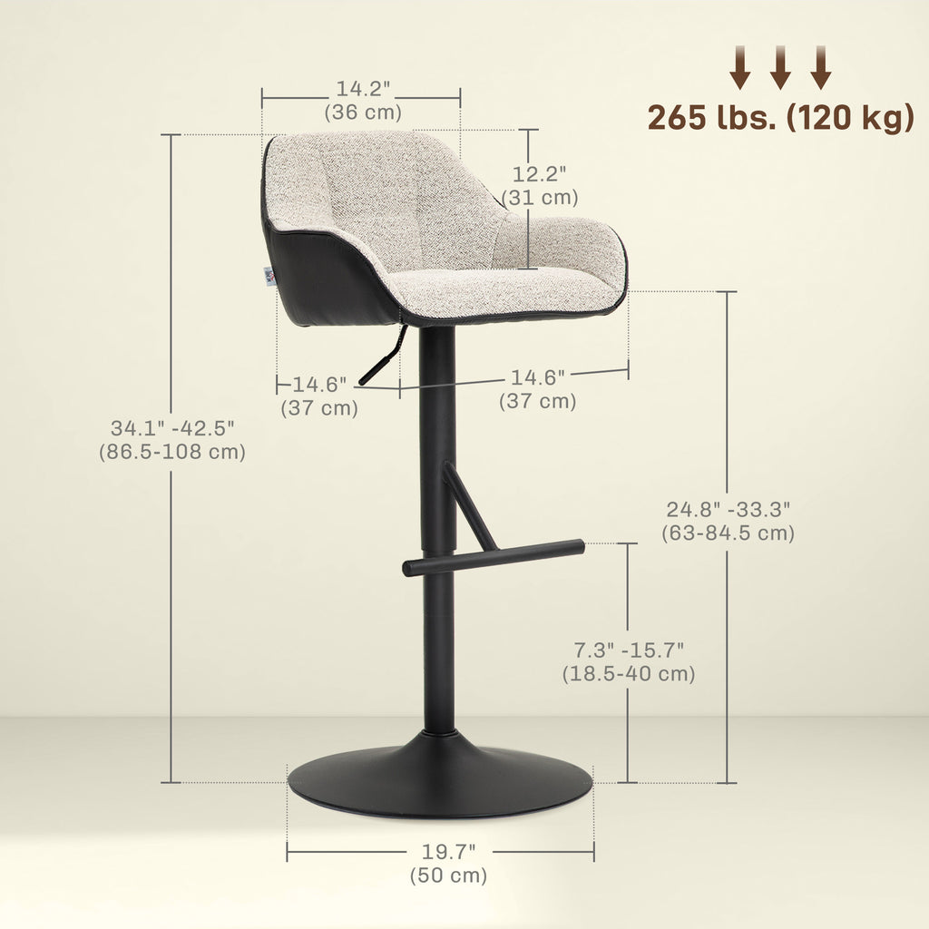 Bar Stools Set of 2, Swivel Counter Height Barstools with Back, Footrest, Armrests, Adjustable Height, Light Grey