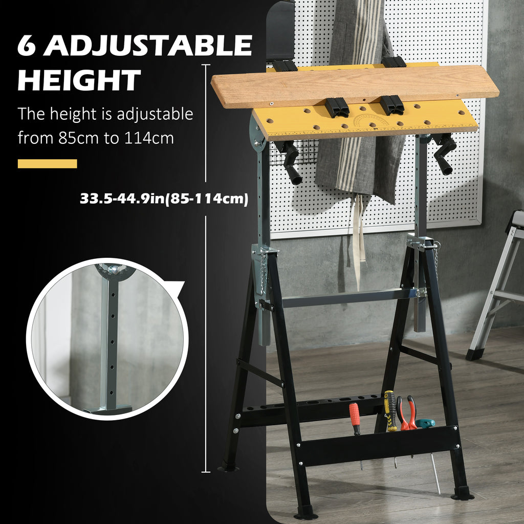 Portable Work Bench, Workshop Tool Stand with 6-Level Height Adjustable Work Table, Carpenter Saw Table with 4 Clamps, Steel Frame, 220lbs Capacity