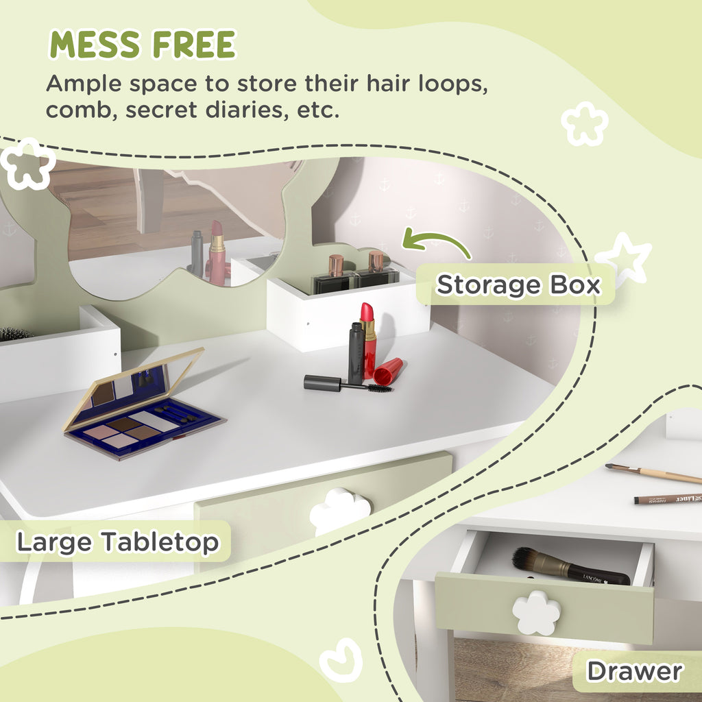 Qaba Kids Makeup Vanity Set with Stool, Mirror, Drawer, Storage Boxes, White