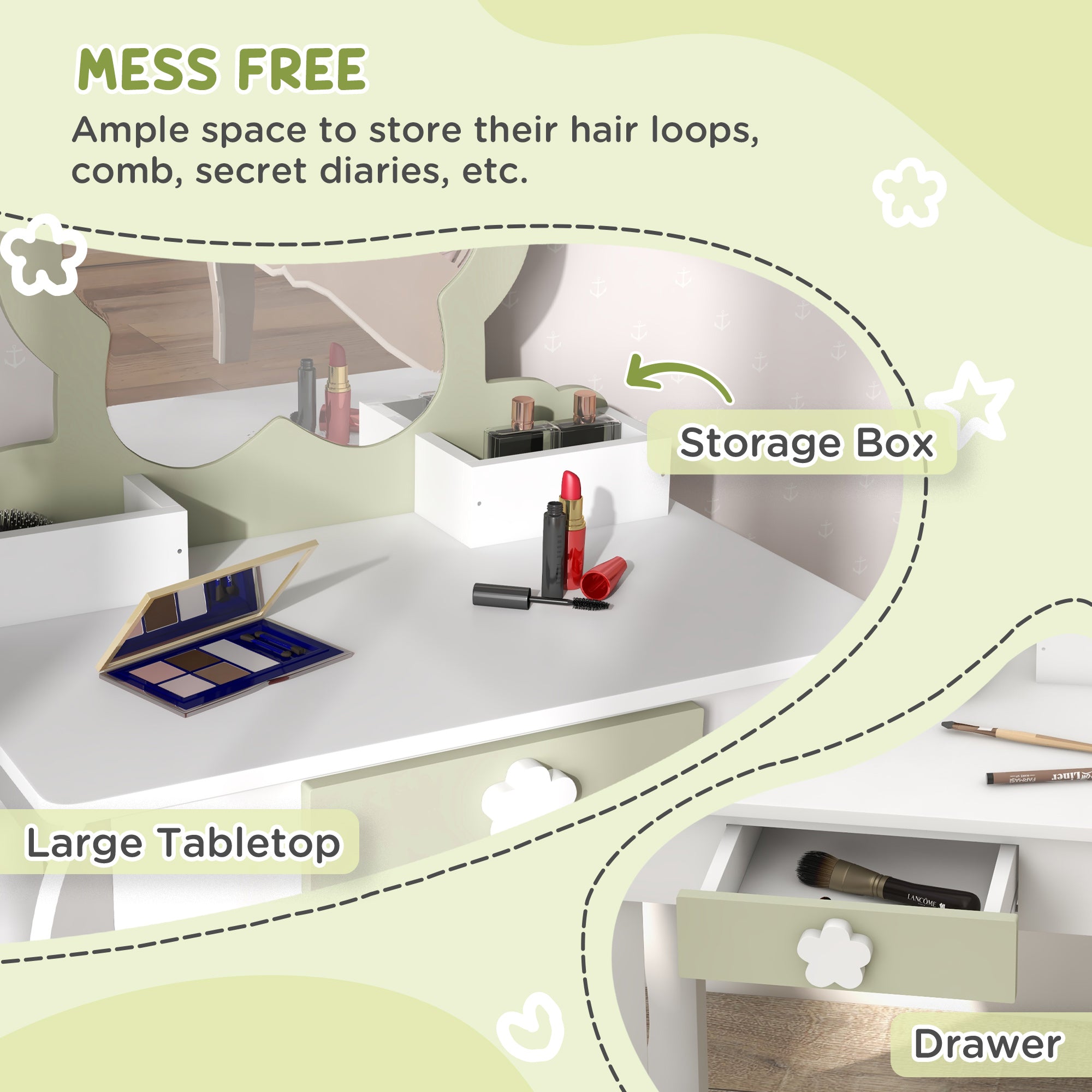 Qaba Kids Makeup Vanity Set with Stool, Mirror, Drawer, Storage Boxes, White