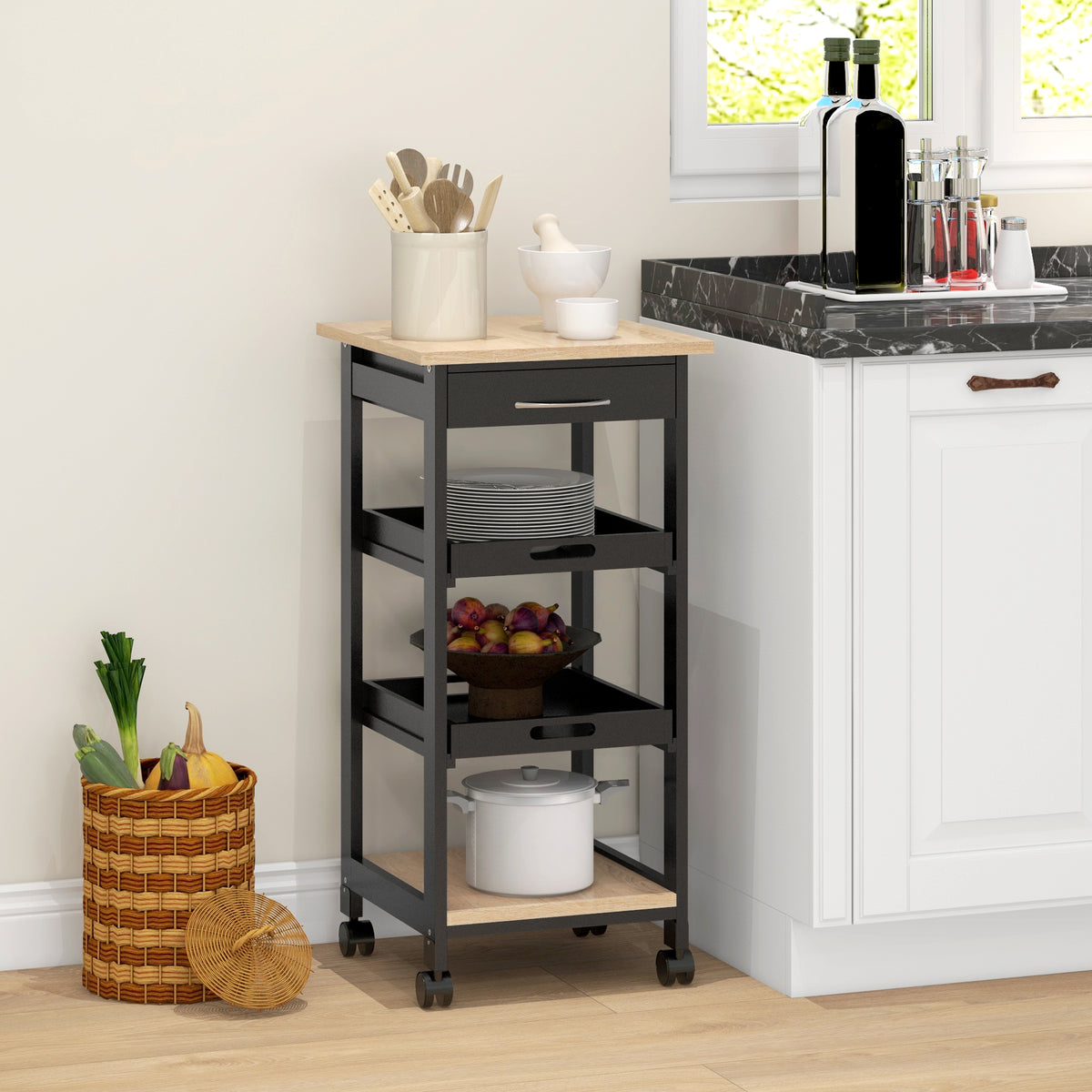 Kitchen Island Rolling Trolley Utility Serving Cart with Drawer  Grey