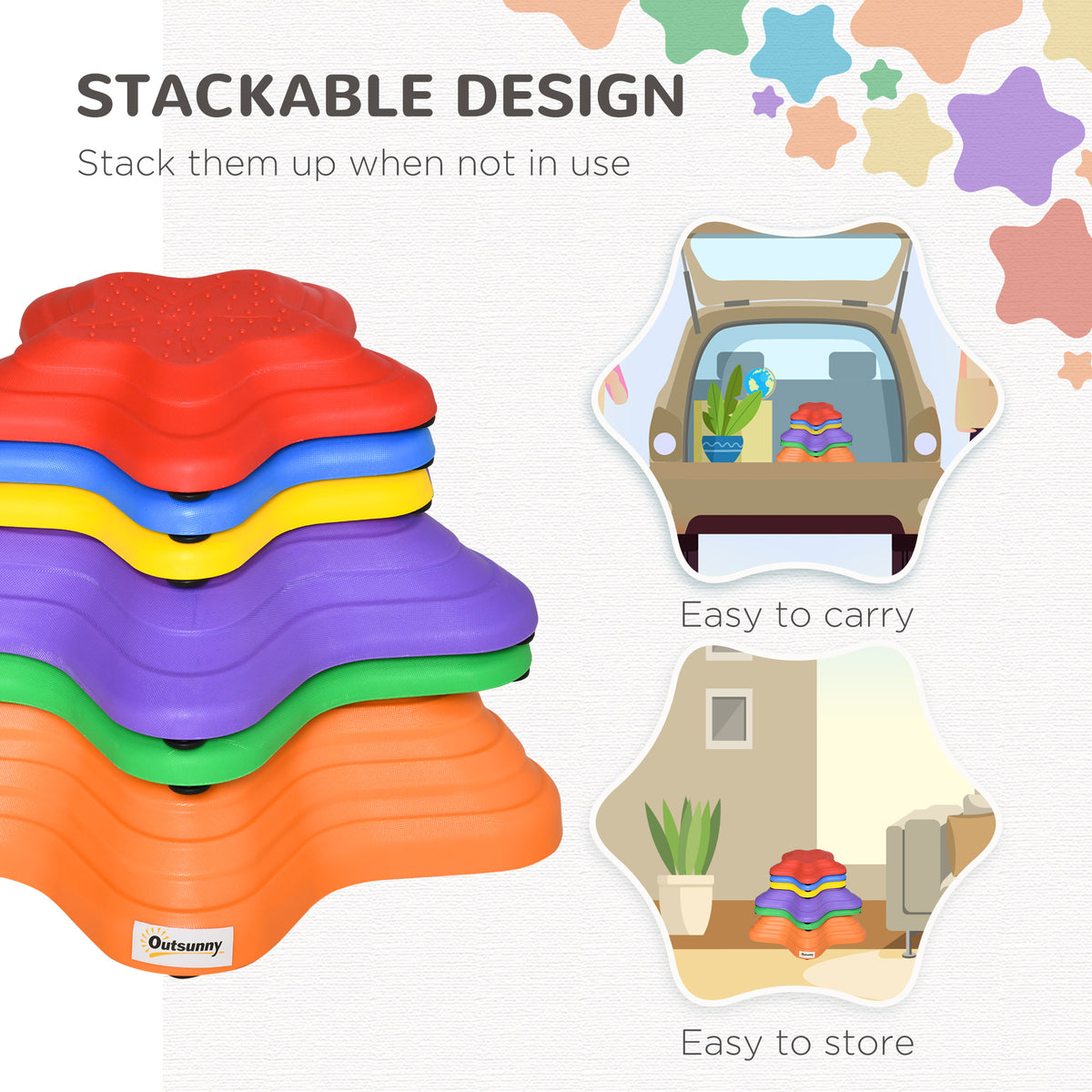 6PCs Larger Size Balance Stepping Stones for Kids with Non-slip Bottom, Stackable Obstacle Course Outdoor Indoor,  Play River Rocks with Starfish Style