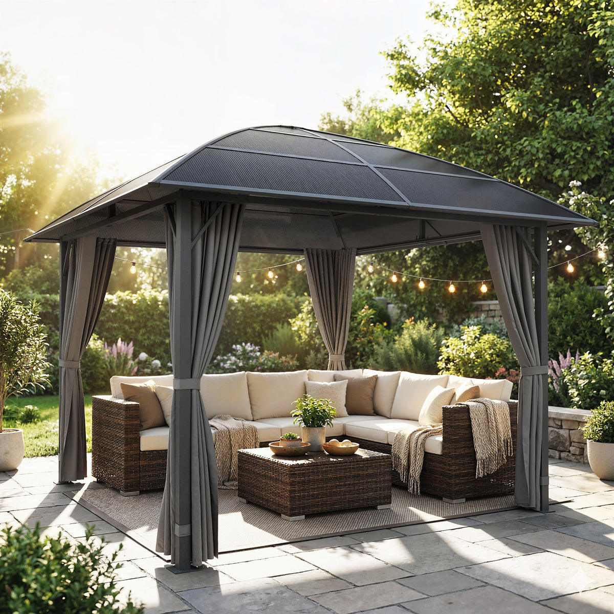 10' x 10' Outdoor Hardtop Gazebo Canopy with UV50+ Polycarbonate Roof, Steel Frame, Central Hook, Curtains, Light Grey