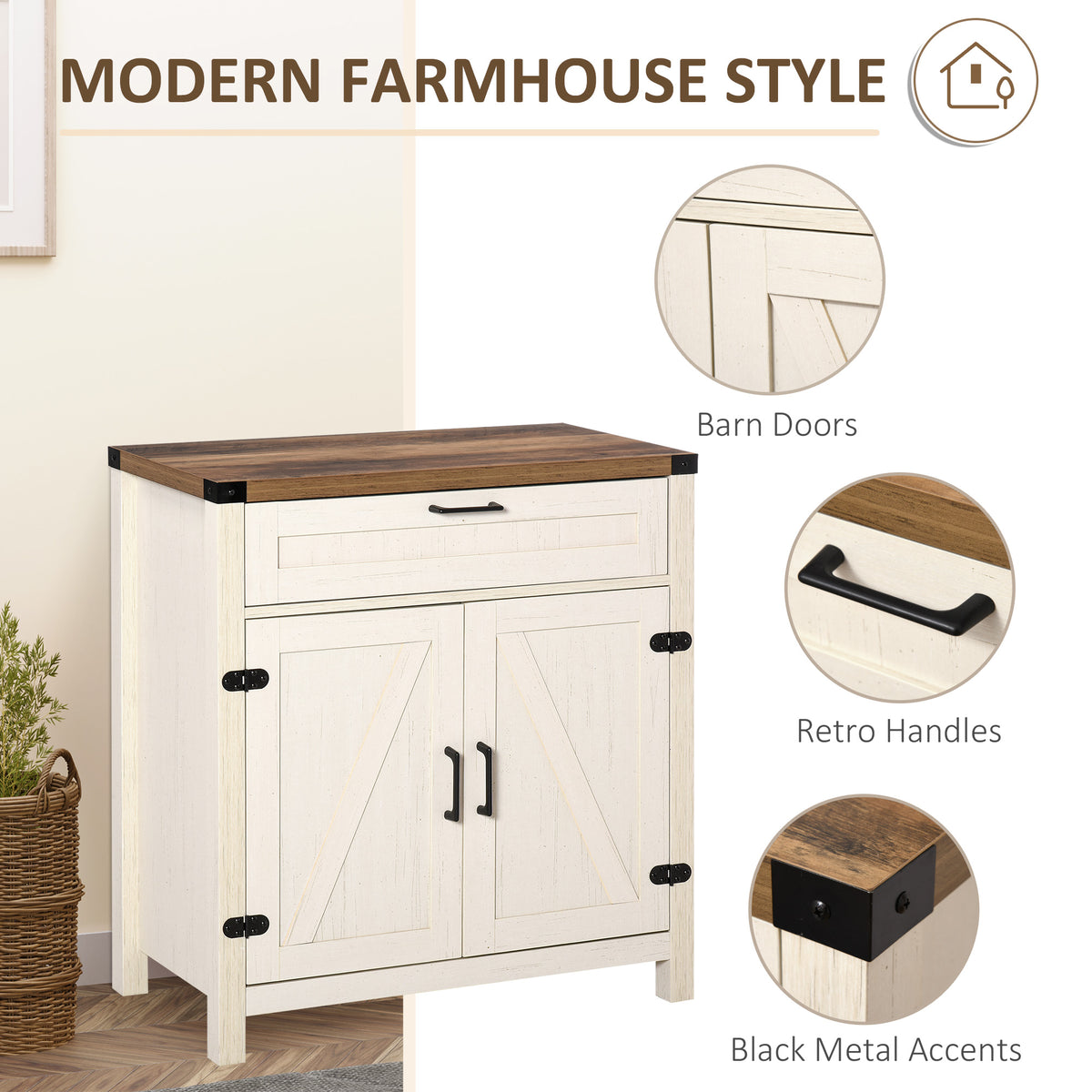 Farmhouse Kitchen Storage Cabinet, Sideboard Buffet Cabinet with 2 Rustic Barn Doors and Drawer, Oak