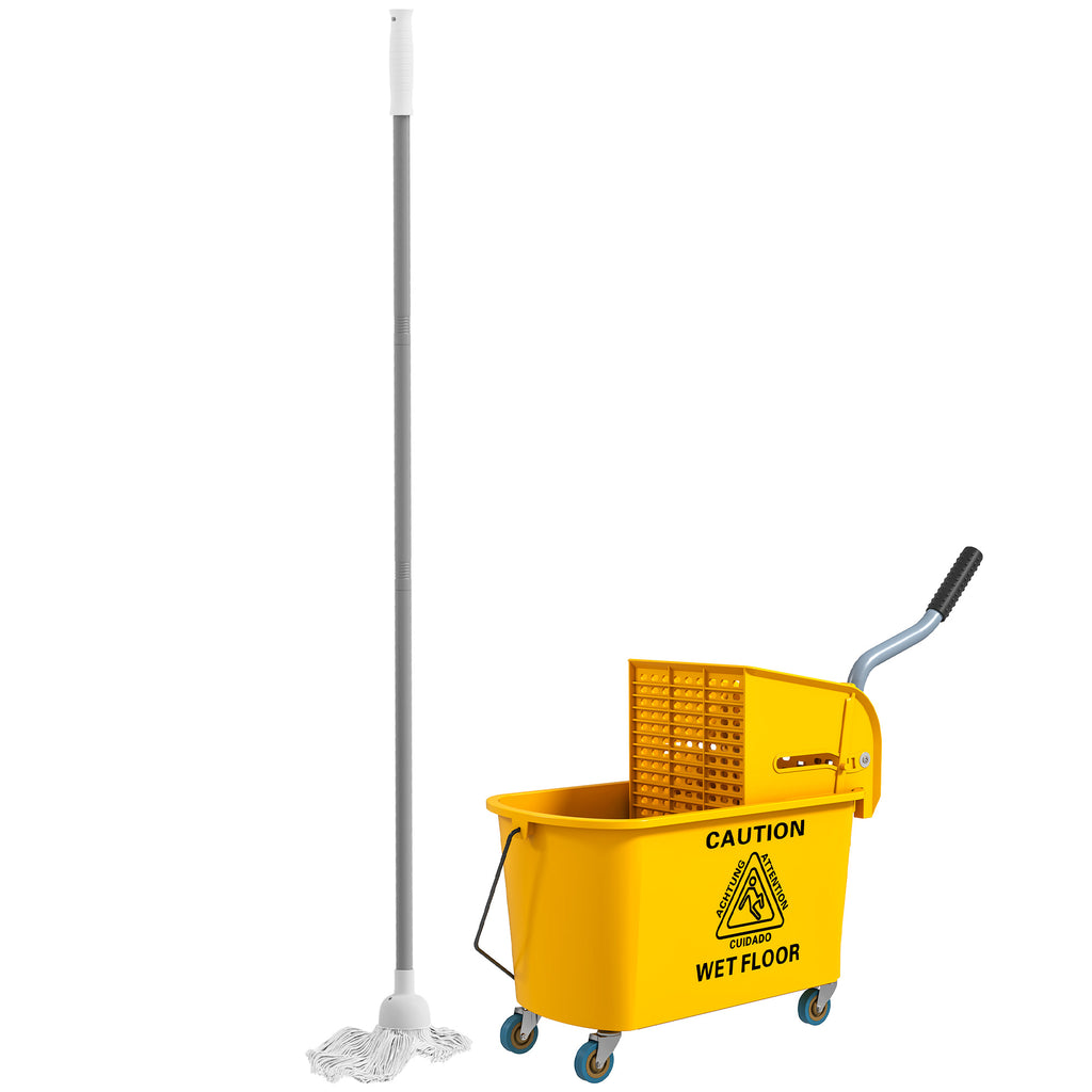 Mop Bucket with Wringer on Wheels for Floor Cleaning, 21 Quart Side Press Wringer with Handle and Mop, Yellow