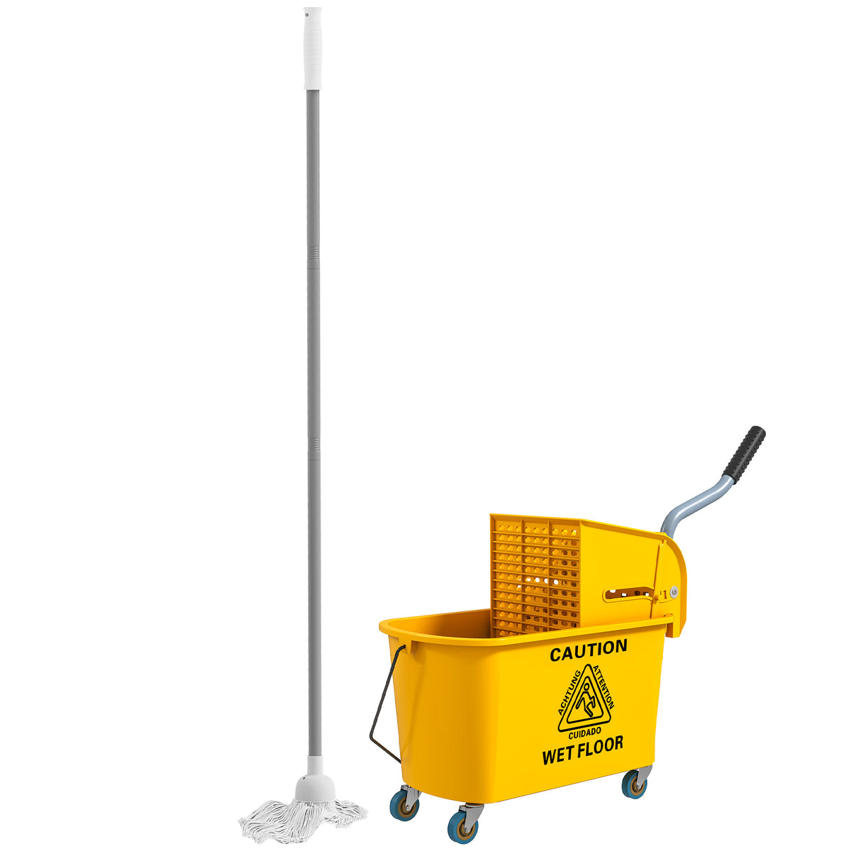 Mop Bucket with Wringer on Wheels for Floor Cleaning, 21 Quart Side Press Wringer with Handle and Mop, Yellow