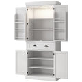 71" Kitchen Pantry Cabinet with LED Lights, 6 Spice Racks, a Drawer and 4 Adjustable Shelves, White