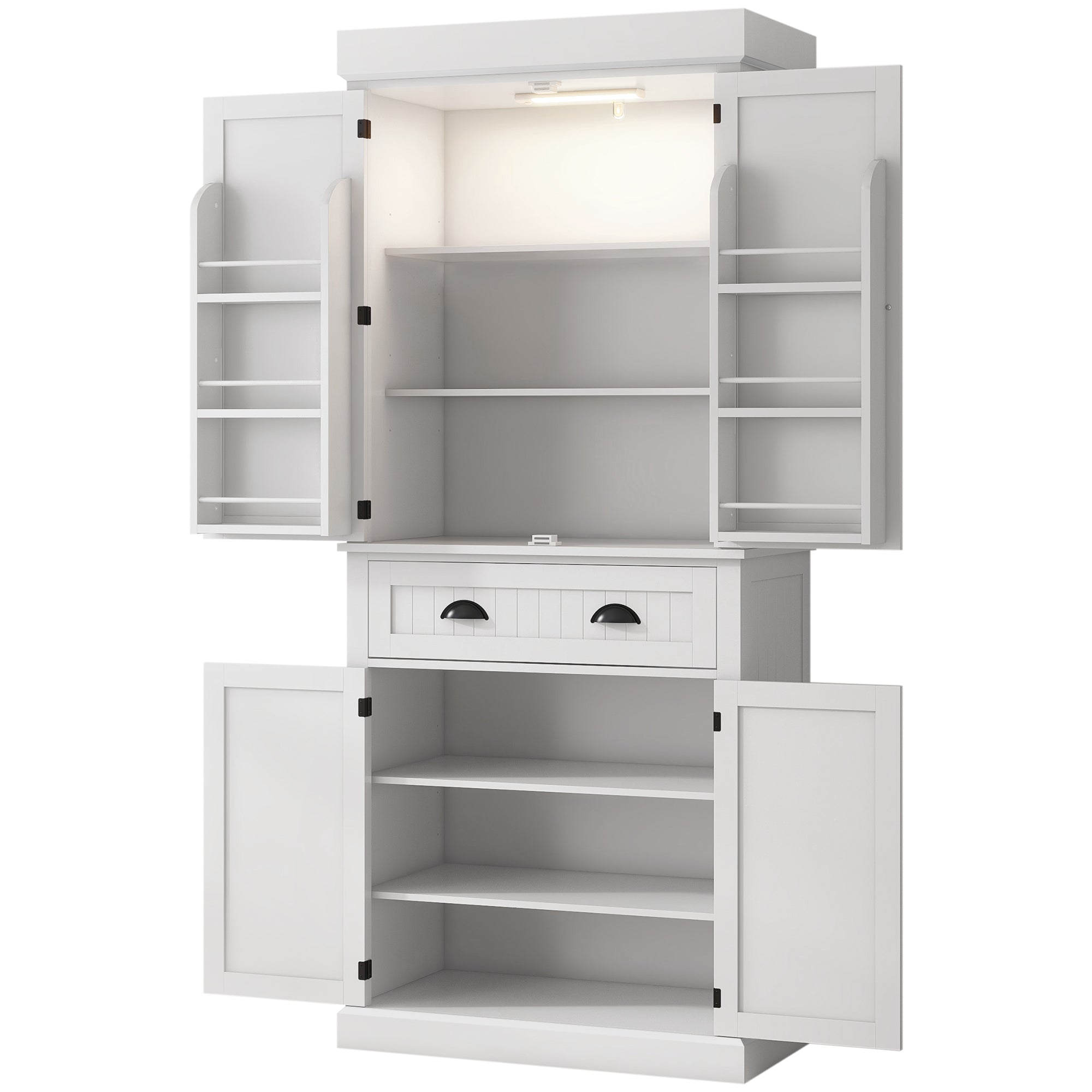 71" Kitchen Pantry Cabinet with LED Lights, 6 Spice Racks, a Drawer and 4 Adjustable Shelves, White