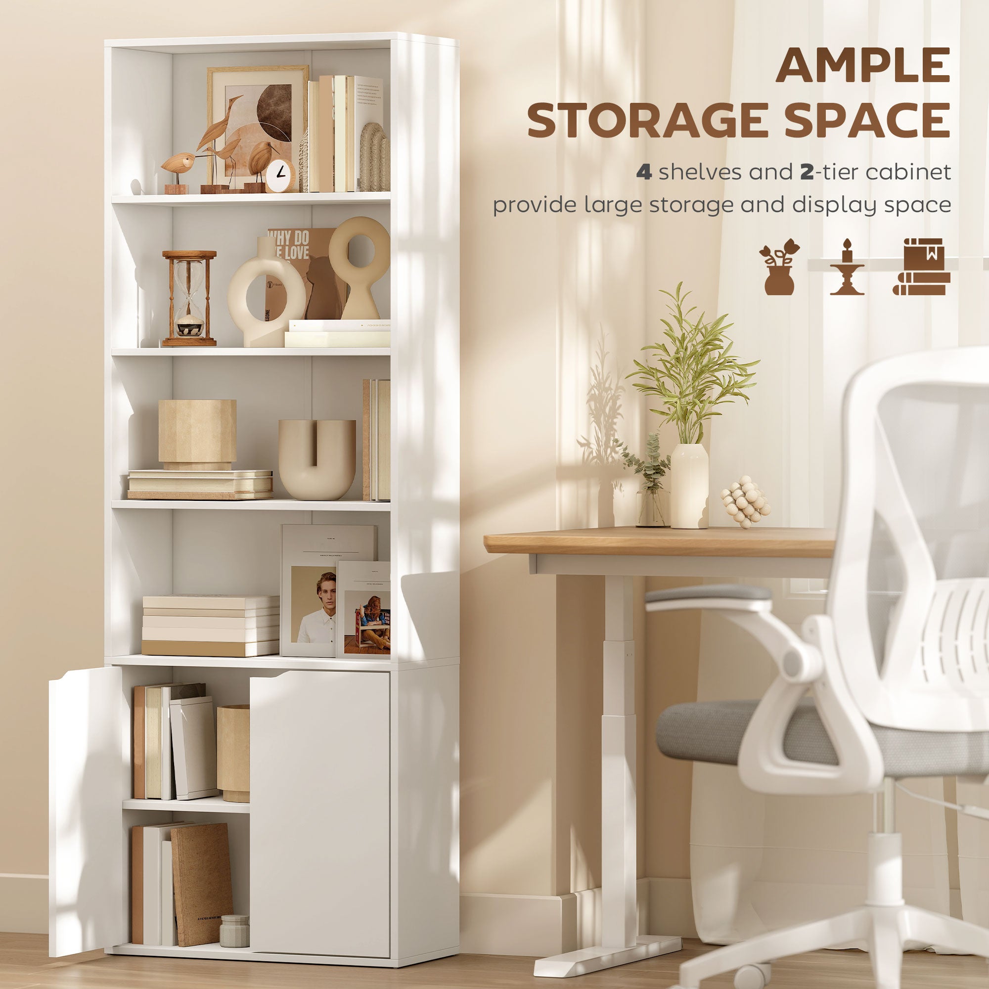 4-Tier Open Bookshelf with Doors Modern Home Office Bookcase Storage Cabinet for Living Room Bathroom Study, Oak