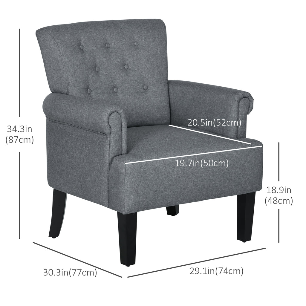 Armchair, Fabric Accent Chair, Modern Living Room Chair with Wood Legs and Rolled Arms for Bedroom, Grey