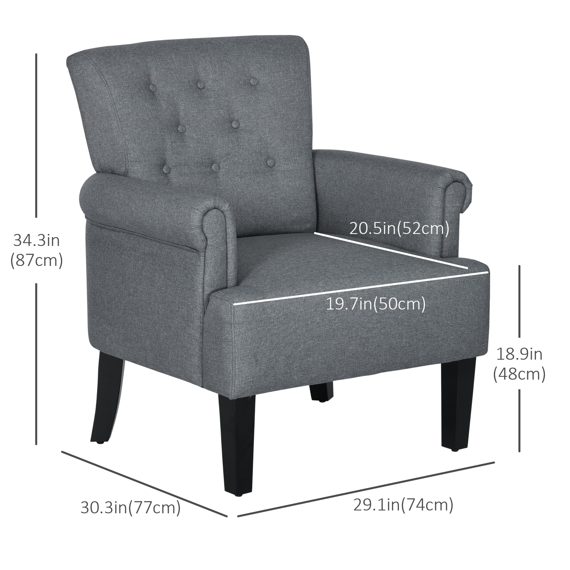 Armchair, Fabric Accent Chair, Modern Living Room Chair with Wood Legs and Rolled Arms for Bedroom, Grey