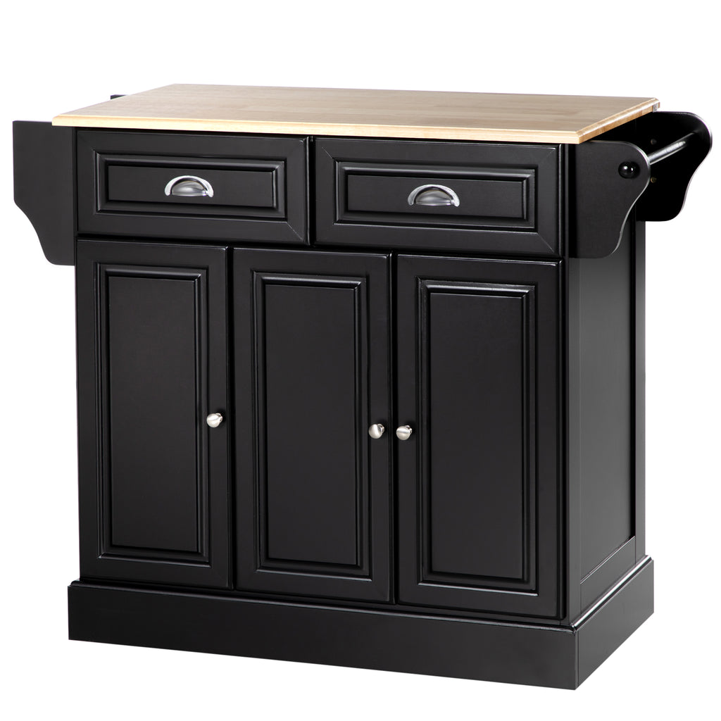 Kitchen Island with Storage Rolling Kitchen Serving Cart with Rubber Wood Top Towel Rack Storage Drawer Cabinet, Black