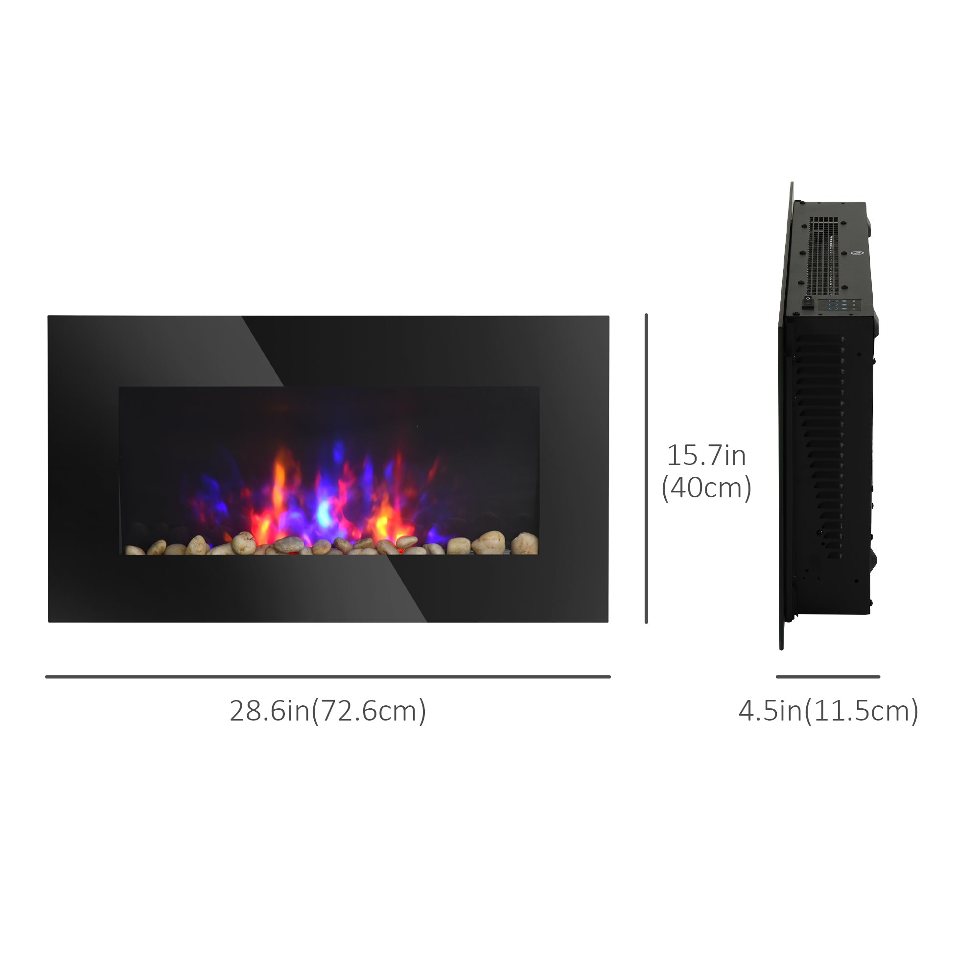 مدفأة مثبتة على الحائط، مدفأة كهربائية عصرية بطول 28.5 بوصة مع تأثير لهب LED مُسجَّل ببراءة اختراع و7 ألوان، أسود