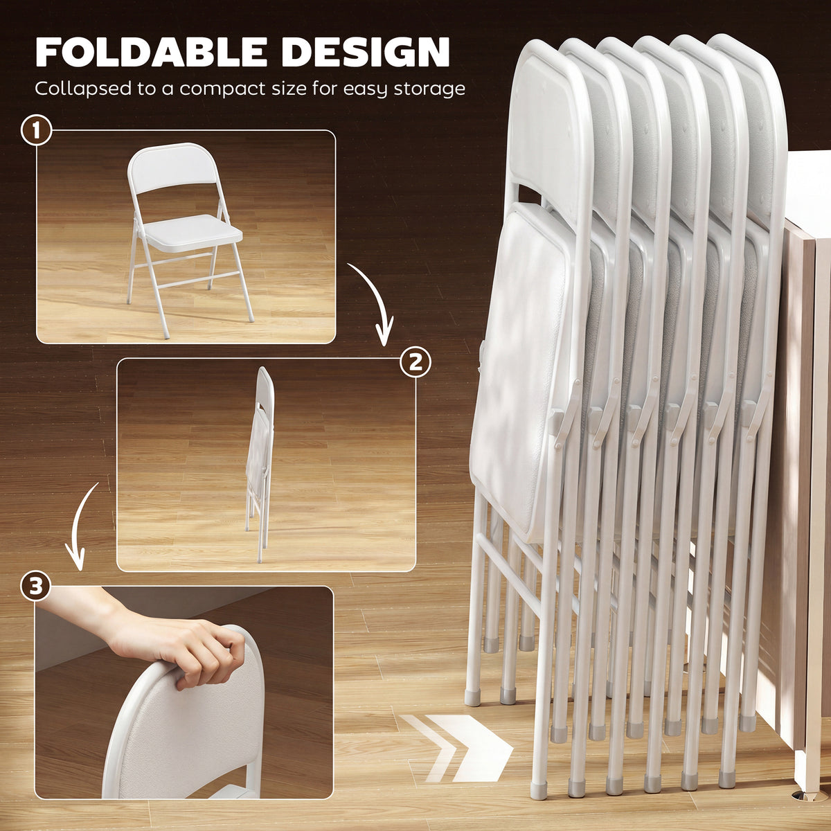 Set of 4 Metal Foldable Chairs, PU Leather Padded Folding Chairs with Cushion Seat and Open Back for Indoor, White