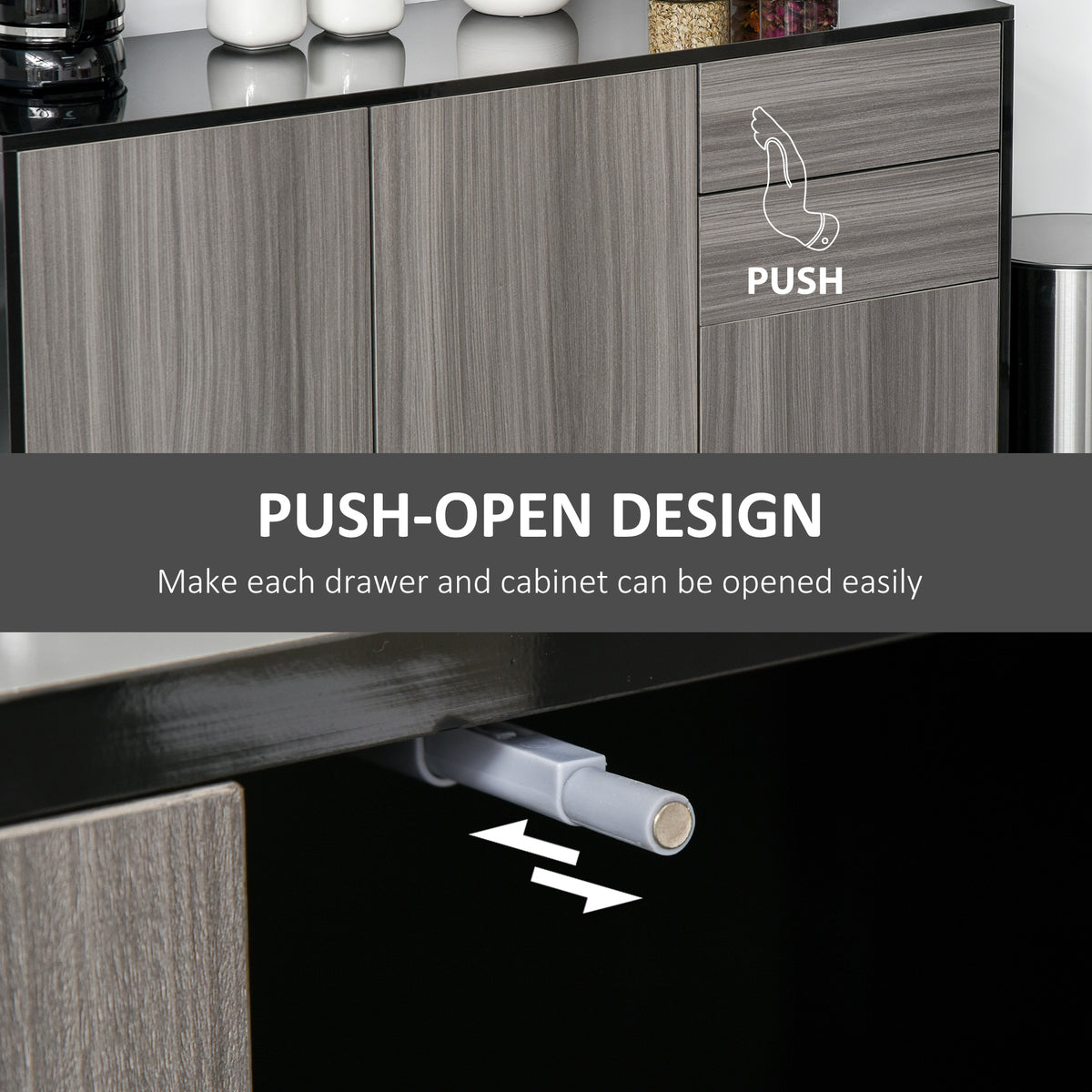 Kitchen Sideboard Storage Cabinet, Modern Coffee Bar with Push-Open Design and 2 Drawers for Living Room, Black