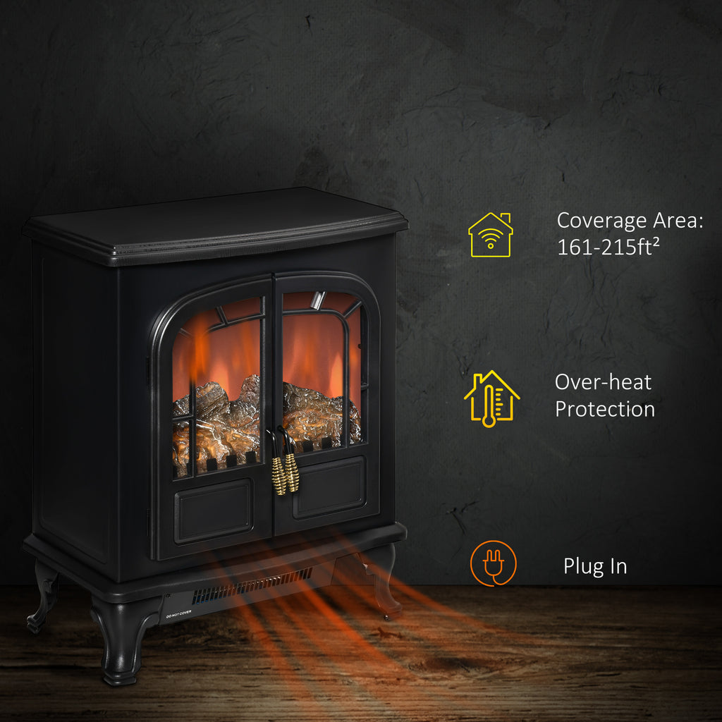 Electric Fireplace Stove Heater with LED Fire Flame Effect, Double Door, Freestanding & Portable with Overheat Protection, 750W/1500W, Black