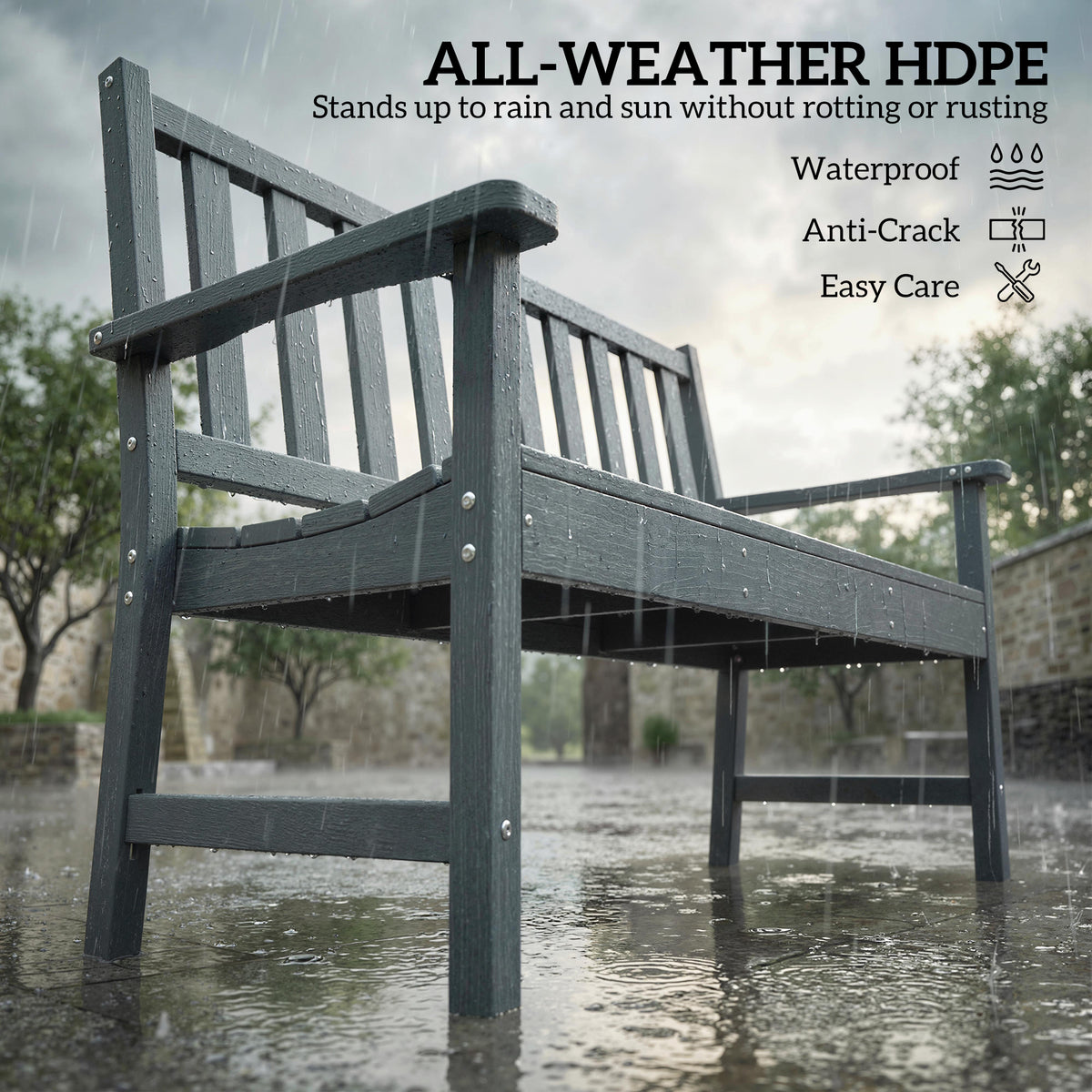 Outdoor Bench, HDPE Weatherproof Garden Bench, 2-Person Garden Seating with Slatted Seat
