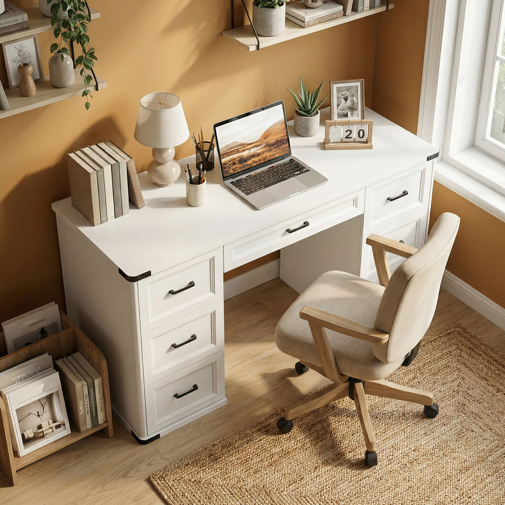 55" Computer Desk with 7 Drawers, Farmhouse Executive Desk for Home Office, Study, Bedroom, Black Wood Grain