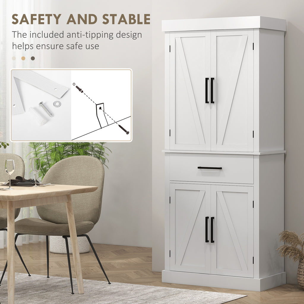 72" Kitchen Storage Cabinet, Farmhouse Kitchen Pantry Cabinet with 4 Barn Doors, Drawer, Adjustable Shelves, White