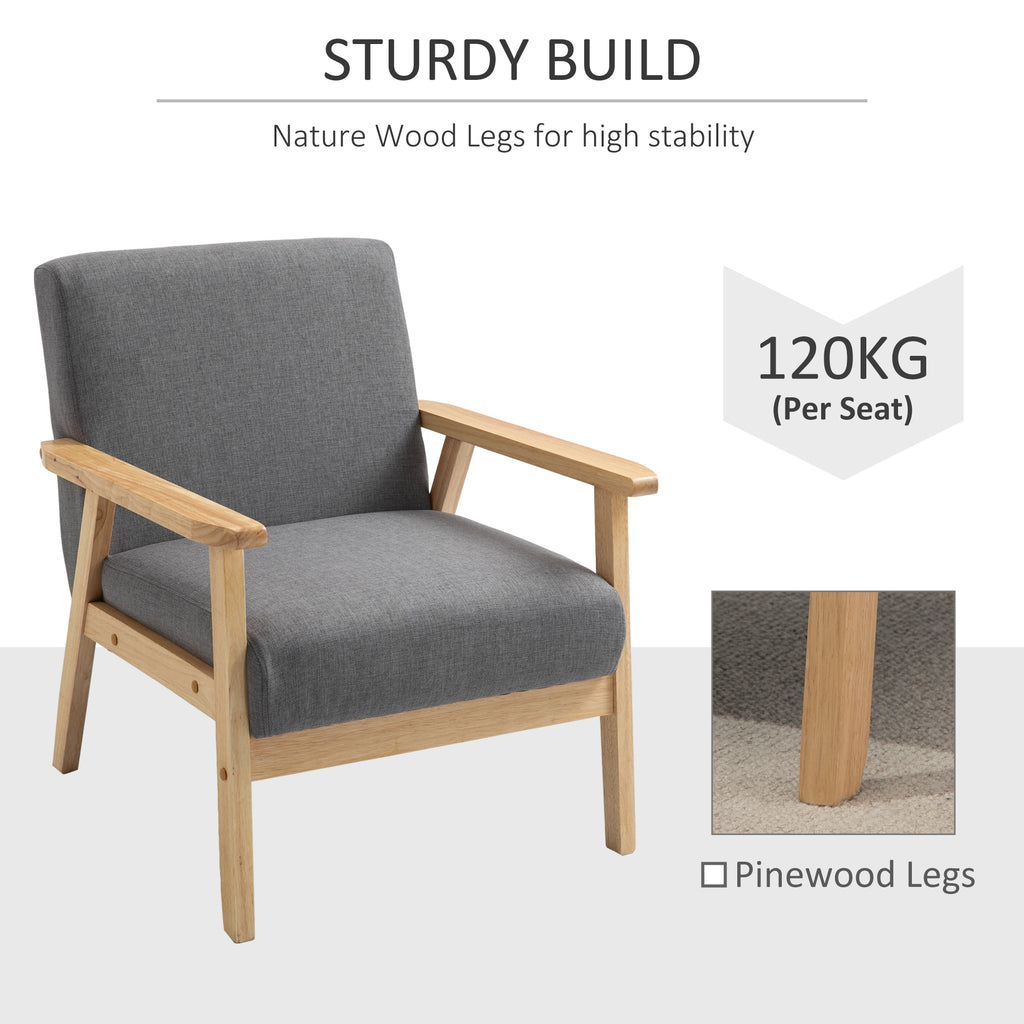 Minimalistic Accent Chairs Wood Frame w/ Thick Linen Cushions Wide Seat Armchair for Bedroom Office, Grey