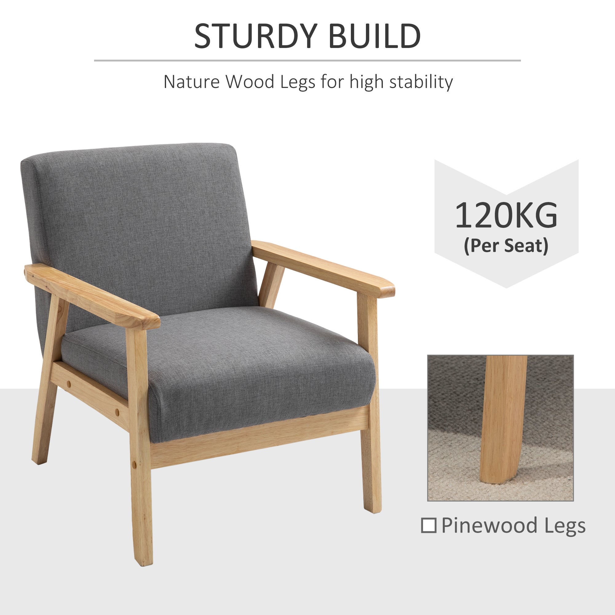 Minimalistic Accent Chairs Wood Frame w/ Thick Linen Cushions Wide Seat Armchair for Bedroom Office, Grey