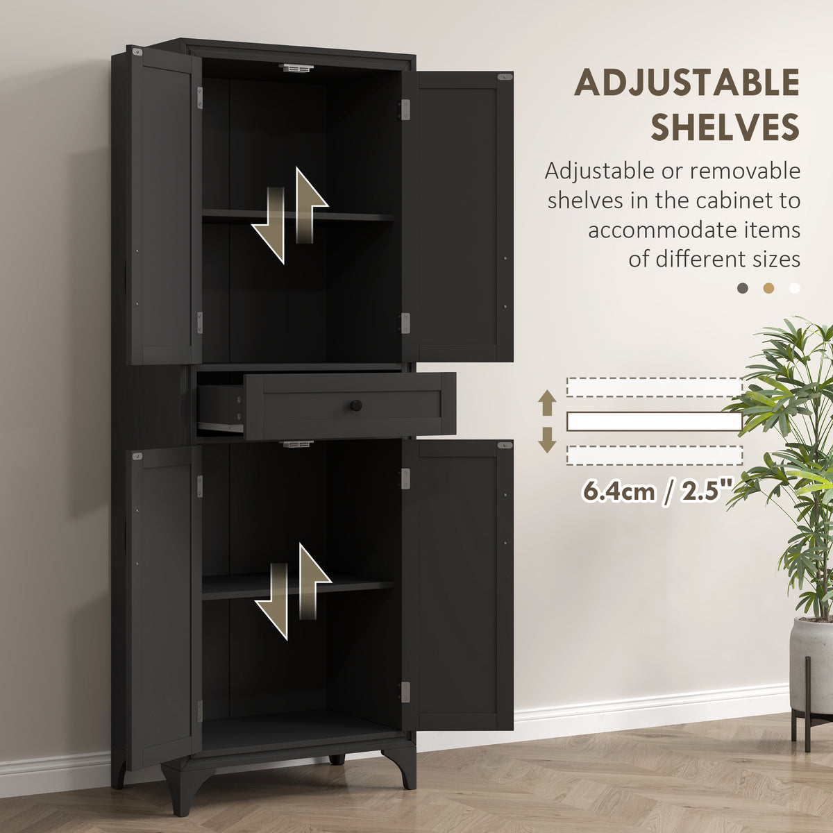 Freestanding Storage Cabinet, Kitchen Pantry Cabinet with 2 Shelves, 4 Doors for Dining Room, Black