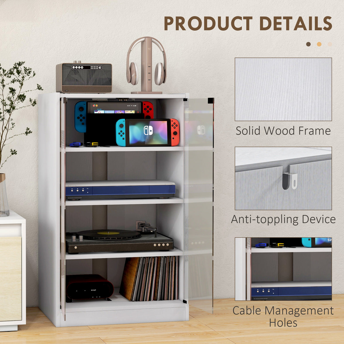 5-Tier Media Cabinet, Media Stand with Adjustable Shelves, Tempered Glass Doors, and Cable Management, Distressed White