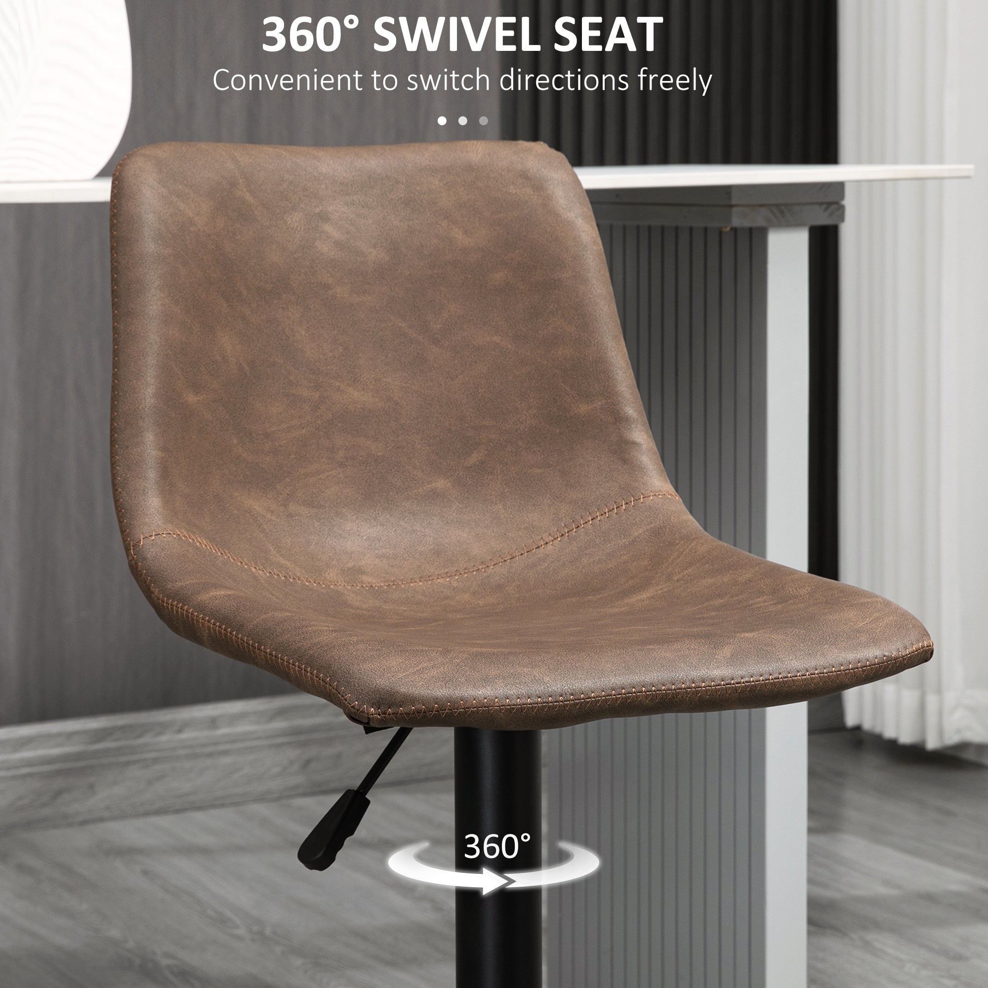 Adjustable Counter Height Bar Stools Set of 2, 360° Swivel Kitchen Counter Stools Dining Chairs with Backs, Vintage Leather, Brown