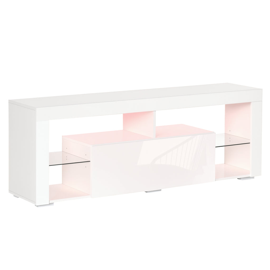 TV Stand for 55-Inch TVs, High Gloss TV Bench with LED Lights, Remote Control, Storage Drawer and Shelves, Entertainment Unit for Living Room, Bedroom, White