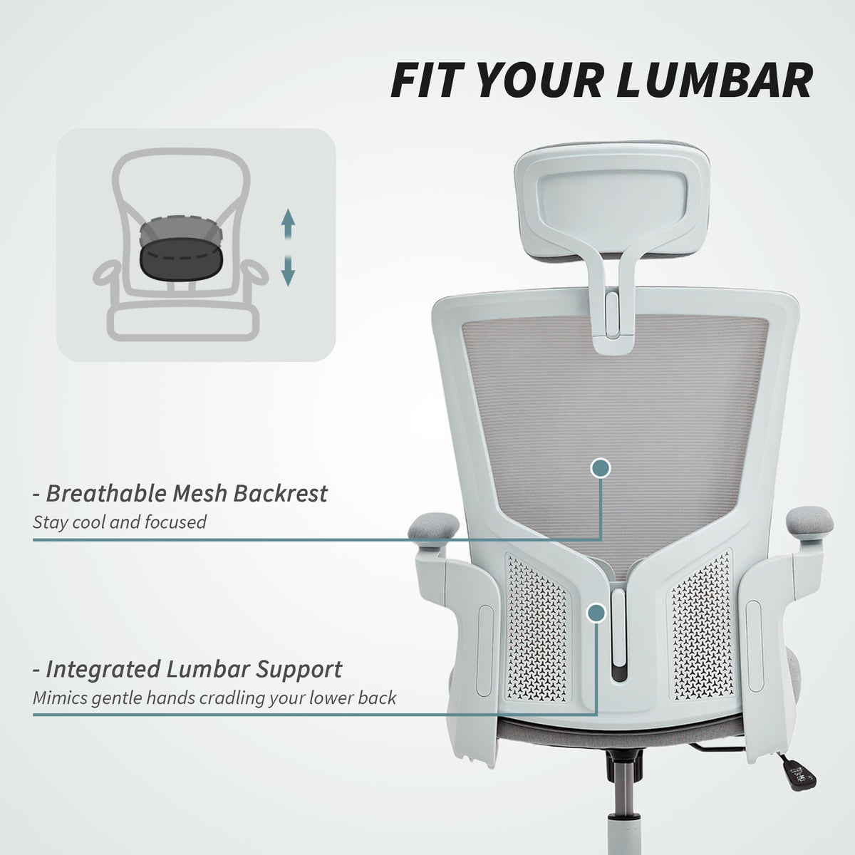 Ergonomic Office Chair, Swivel Desk Chair with Adjustable Lumbar Support, Headrest and Height, Flip-up Armrests, Grey
