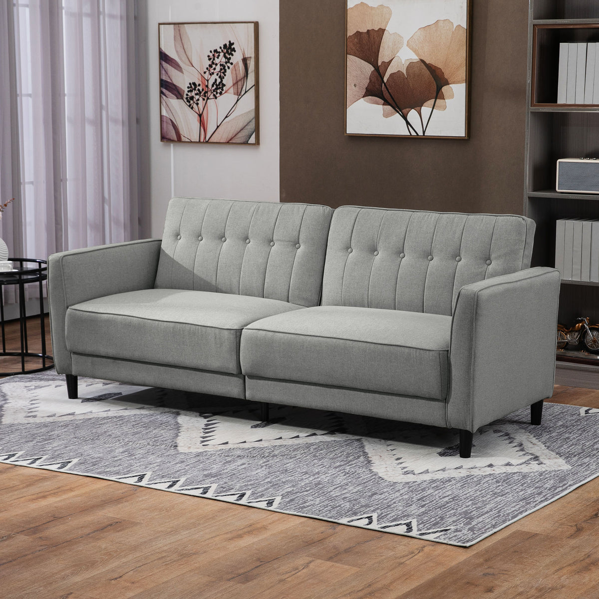 Convertible Bed with Couch, Button Tufted Fabric Sofa Bed with Adjustable Back for Living Room, Grey